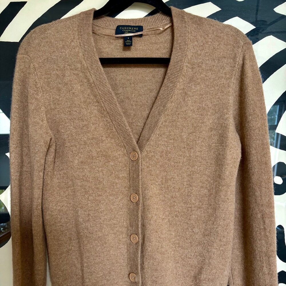 LAST CALL SOFT CASHMERE SHORT V-NECK CARDIGAN SWEATER - S- CAMEL